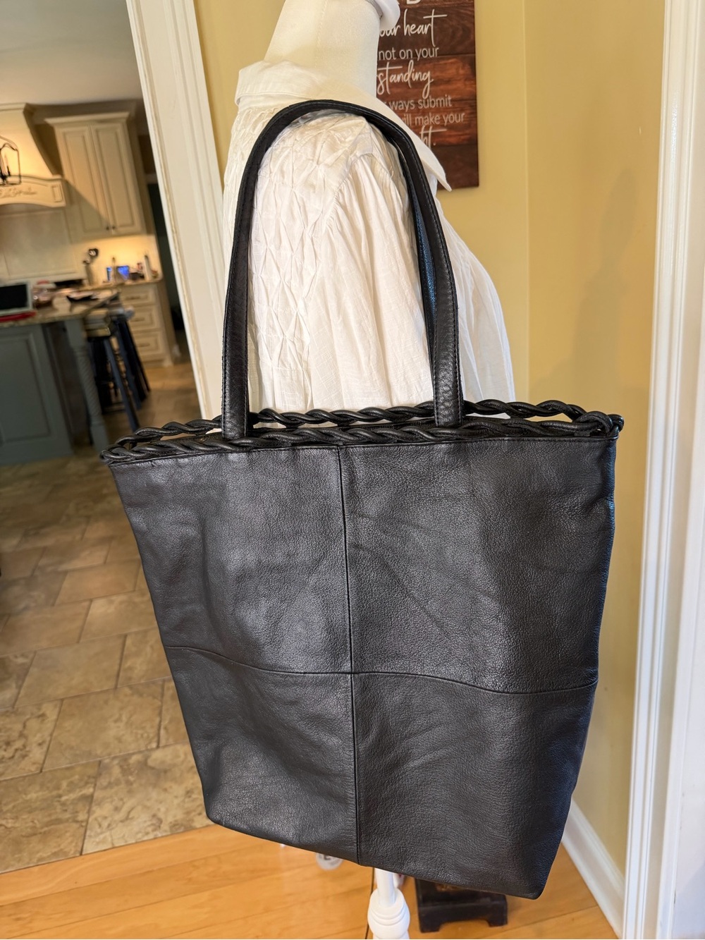 DAY & MOOD Fiona Black Leather Tote Bag Braided Trim